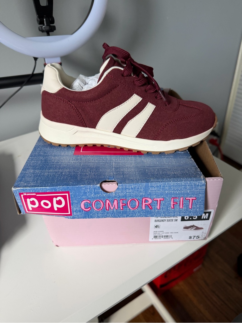 pop Burgundy Suede Kids Sneakers with Cream Stripes